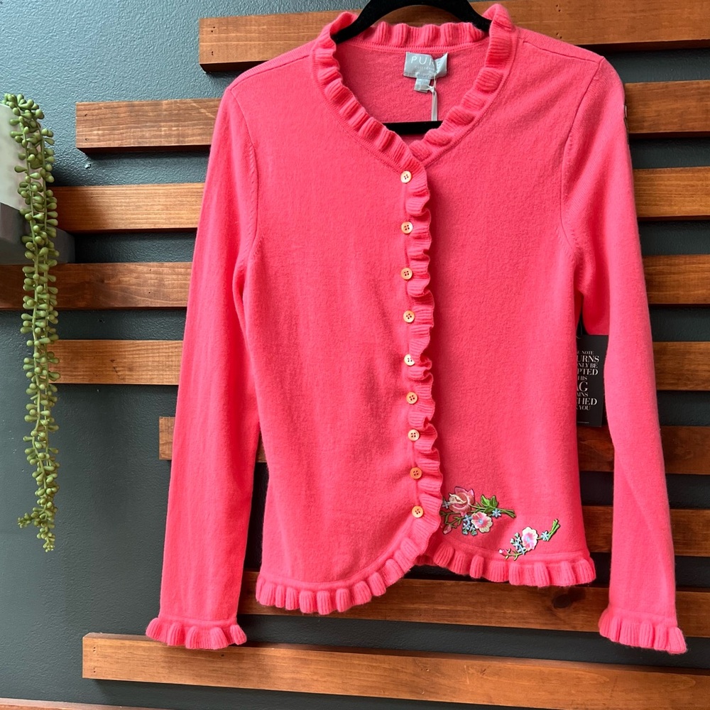 Custom Pure 100% Cashmere Pink Ruffled Embellished Cardigan Sweater Size 8/10